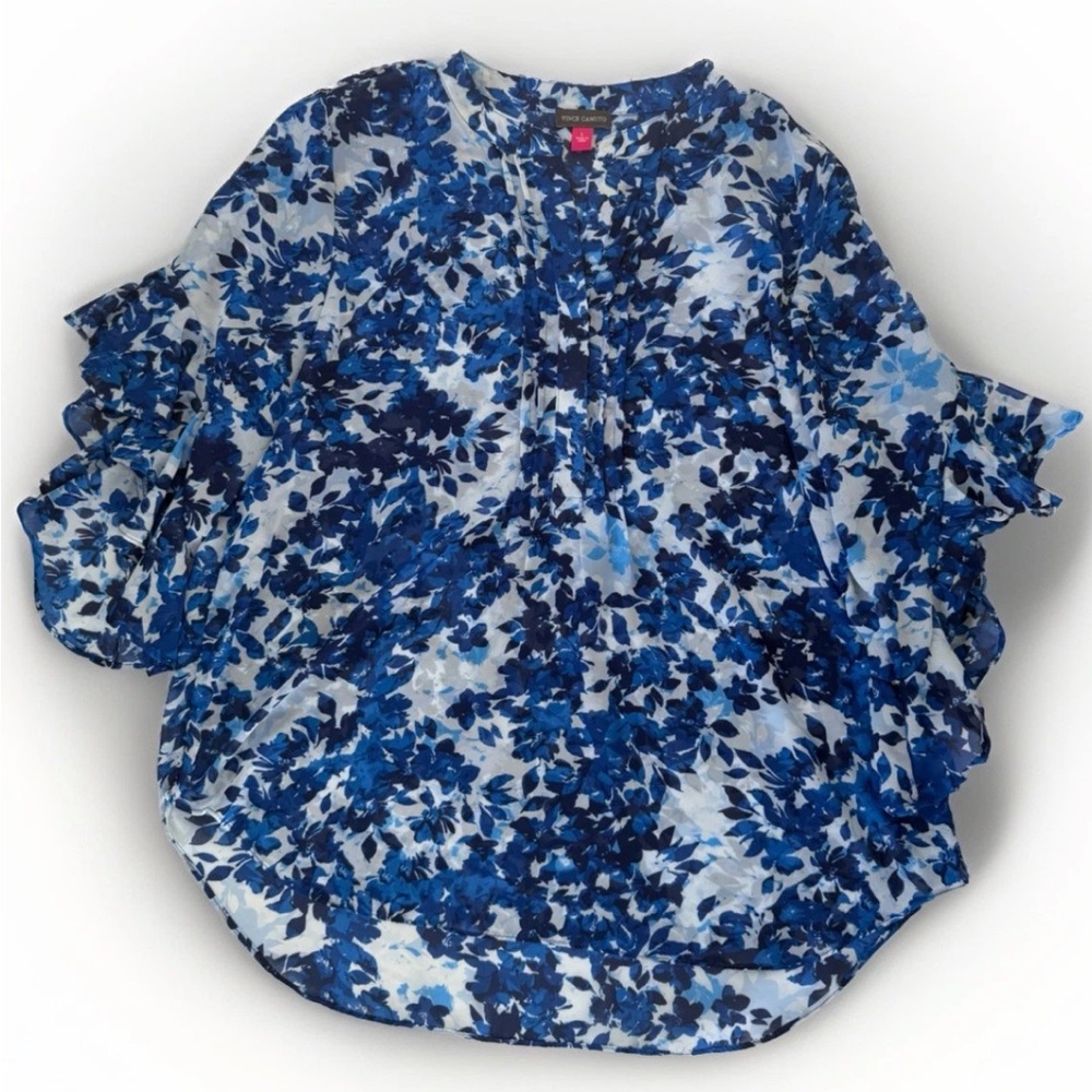 Vince Camuto Flowy Flutter Sleeve V-Neck Leaves Blue Womens Large